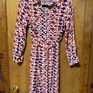 Pink and Blue Long Sleeve‎ Wrap Dress with V-Neck